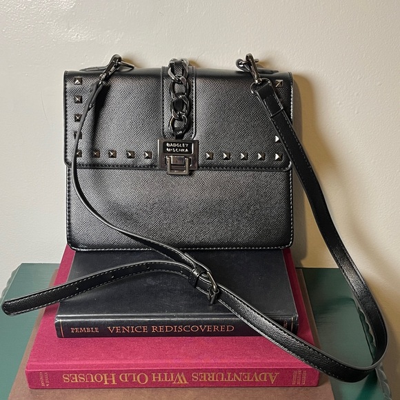 Badgley Mischka Black Gunmetal Studded Chain Detail City Goth Crossbody Bag - Picture 2 of 13
